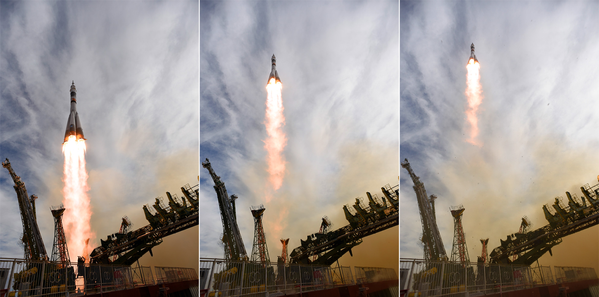 Rocket launch sequence. This is a Soyuz rocket launching from French Guiana in 2015.