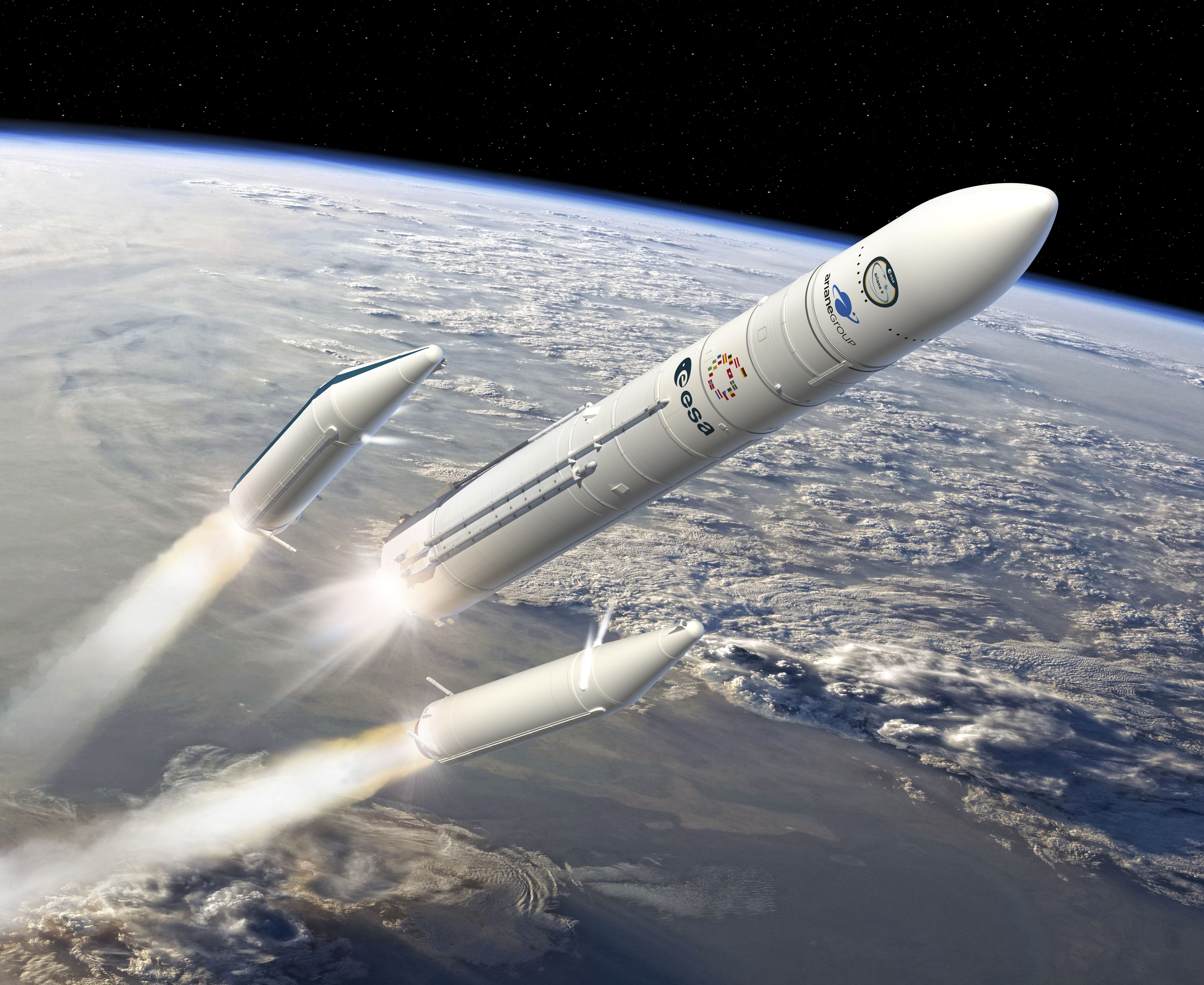Artist's view of Ariane 6 as its two boosters separate after liftoff
