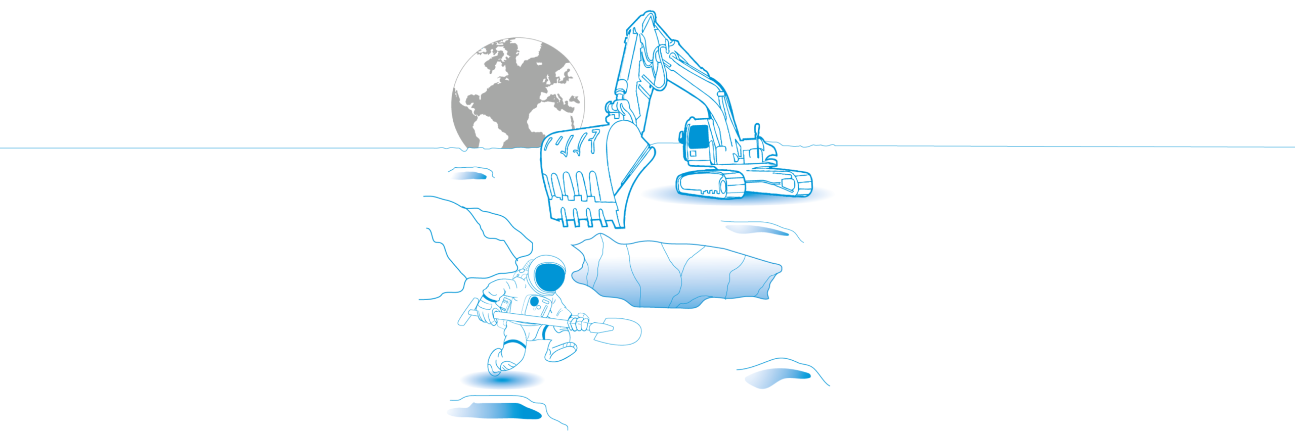 Drawing picture of astronaut with a shovel on the Moon, and a digger making a whole on the surface. The Earth can be seen in the background.