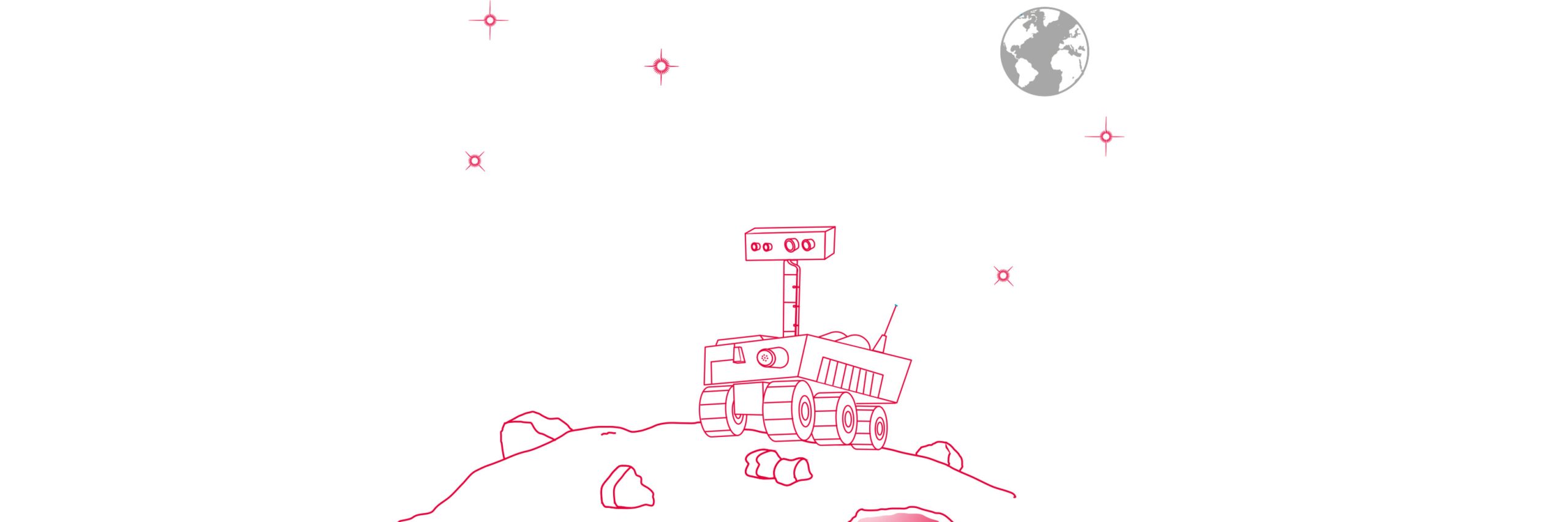 Drawing image of a Moon rover on the Moon, with the Earth in the background