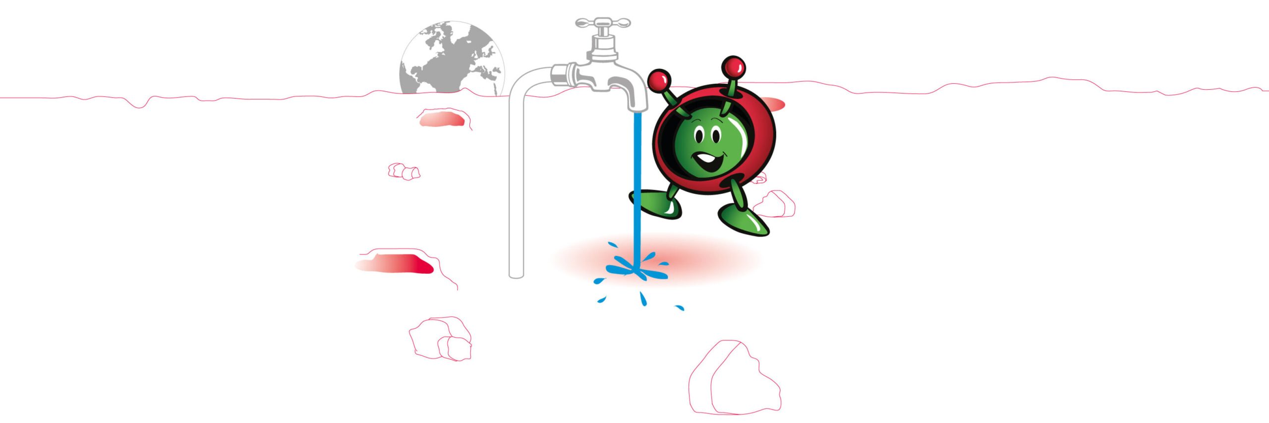 Drawing image of Paxi on the Moon, with an open faucet splashing water on the surface, with the Earth appearing on the background.