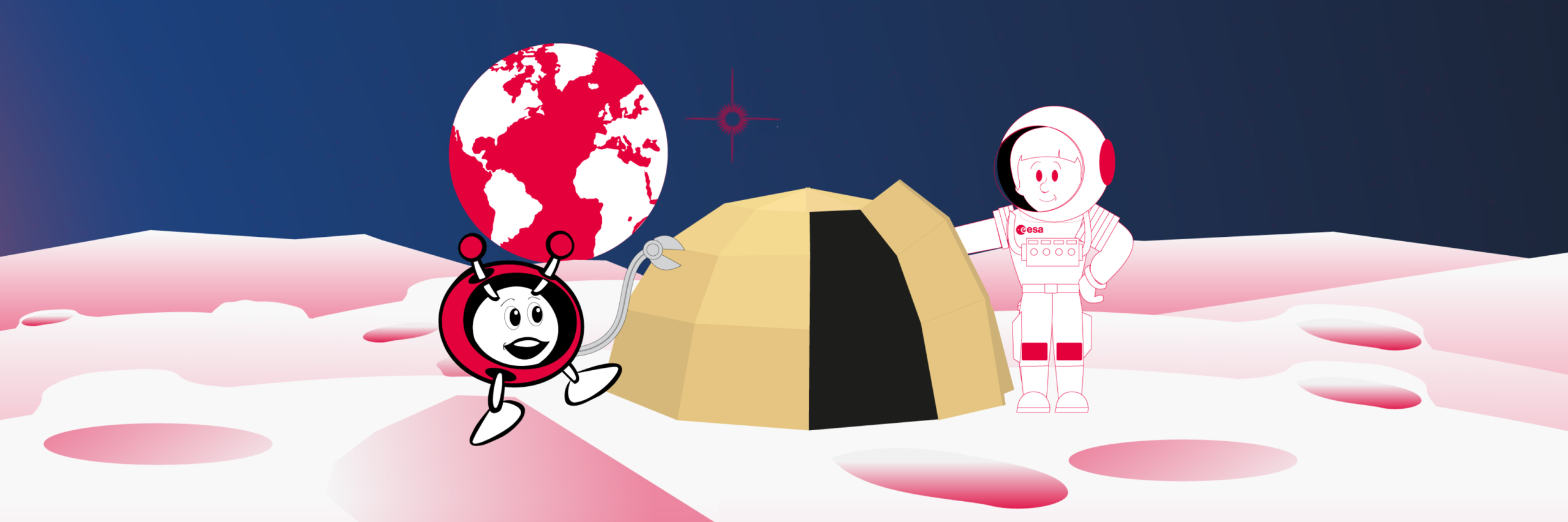 Drawing image of Paxi and astronaut on the Moon building a habitat