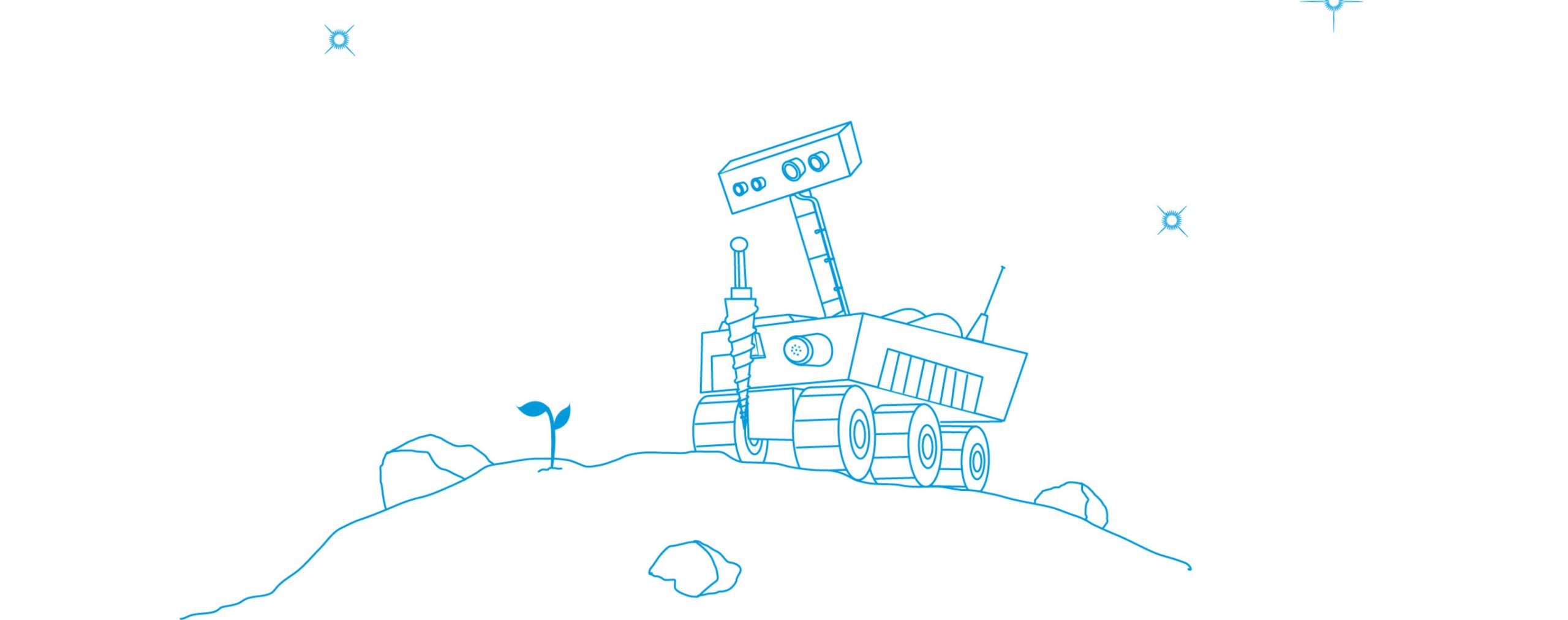 Line drawing of a rover in Mars, drilling the ground