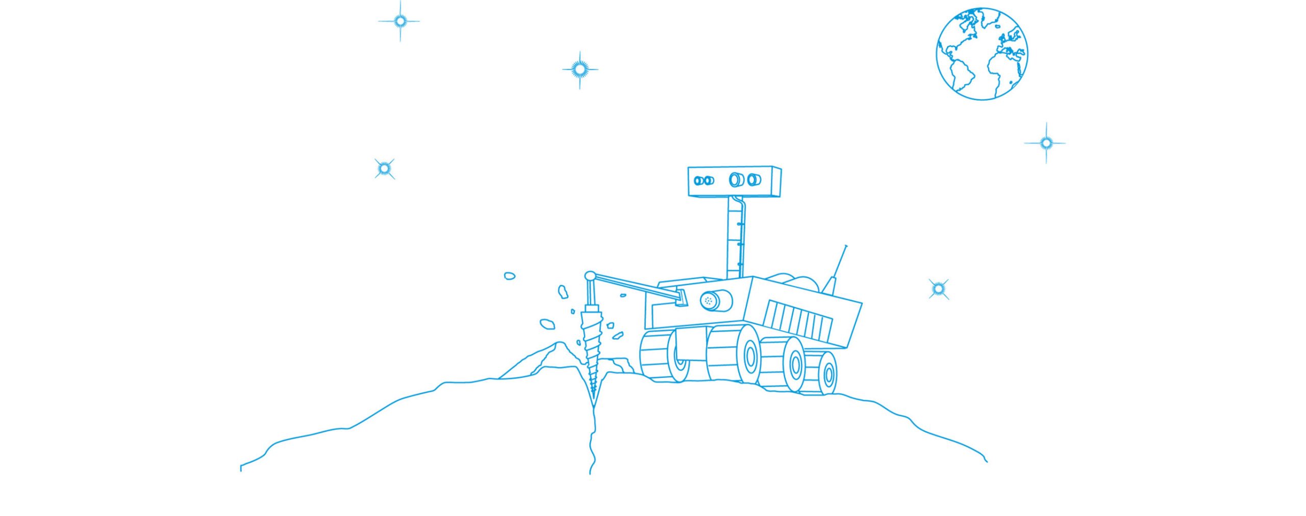 Line drawing of a Mars rover drilling ice on Mars