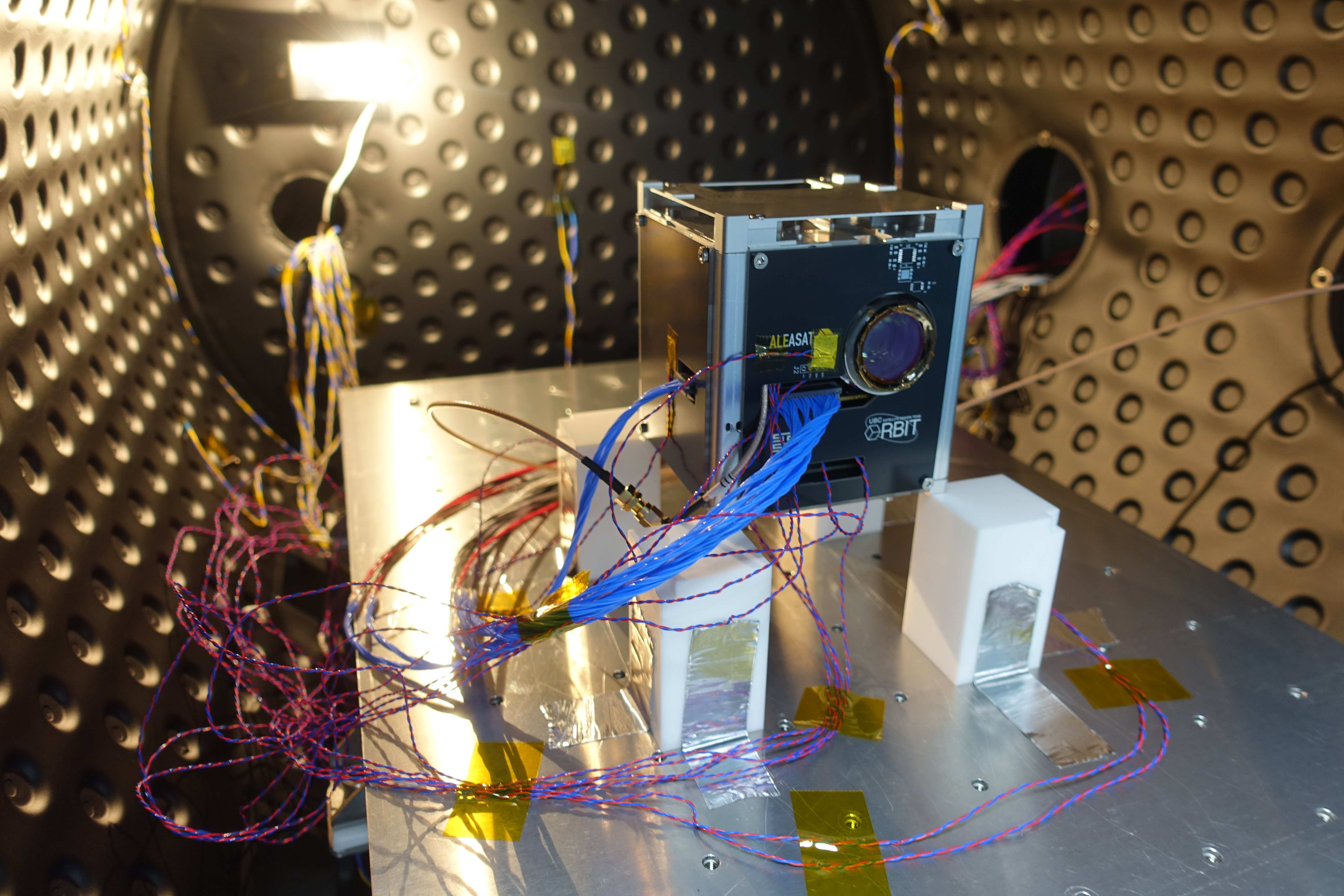 ALEASAT mounted on thermal isolators and ready for its Thermal Balance test